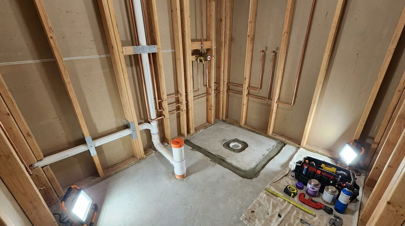Bathroom rough-in plumbing during remodel by Johns Plumbing LLC in East Prairie