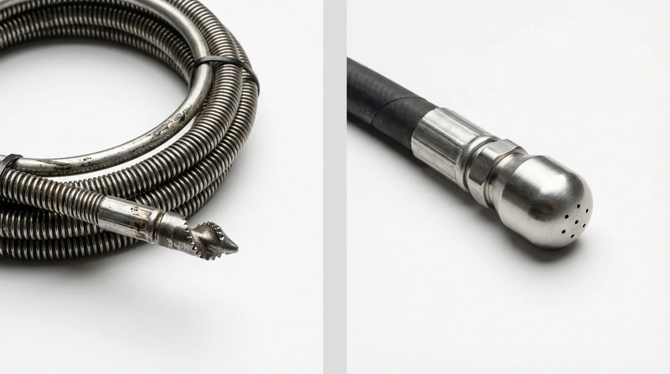 Drain snake cable and hydro jetting nozzle used for drain cleaning in East Prairie, MO