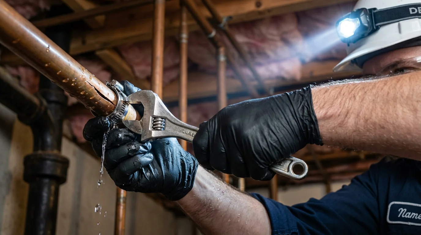 Emergency pipe clamp repair being performed by a Johns Plumbing LLC plumber in East Prairie