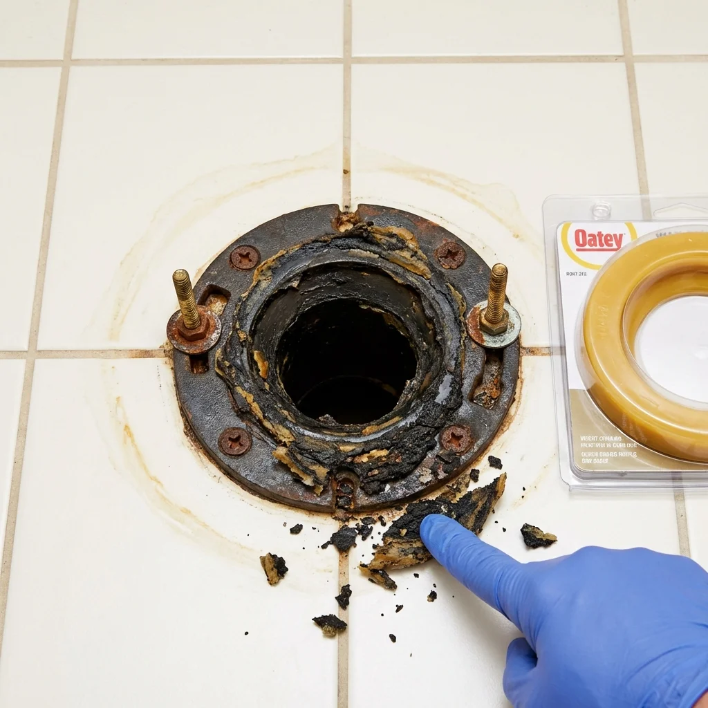 Failed wax ring showing water seepage at the base of a toilet in a East Prairie, MO home