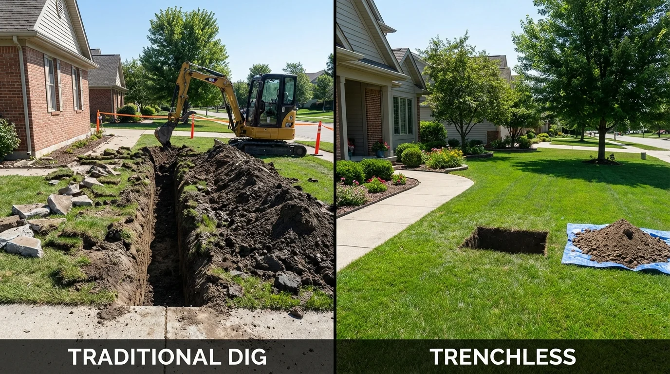 Trenchless sewer repair with minimal yard damage versus traditional excavation in East Prairie, MO