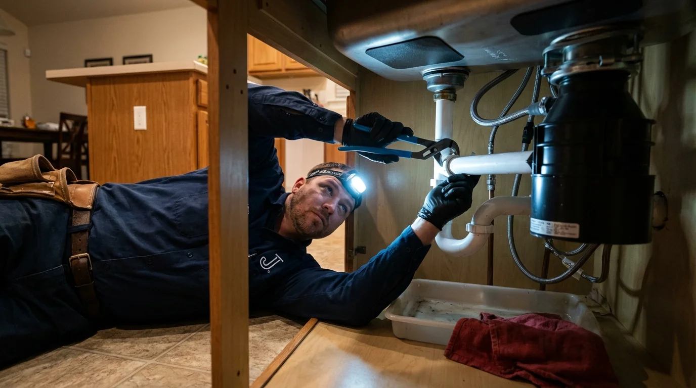 P-trap and supply line connections under a kitchen sink showing a common leak point in East Prairie, MO